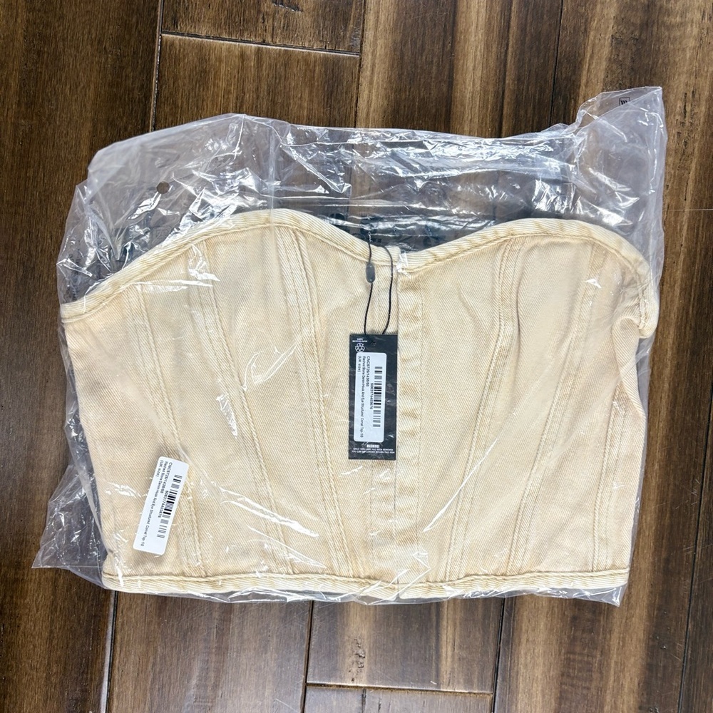 NWT PLT Washed Stone Denim Strapless Hook & Eye Structured Corset Top Y2K Grunge - Picture 6 of 8
